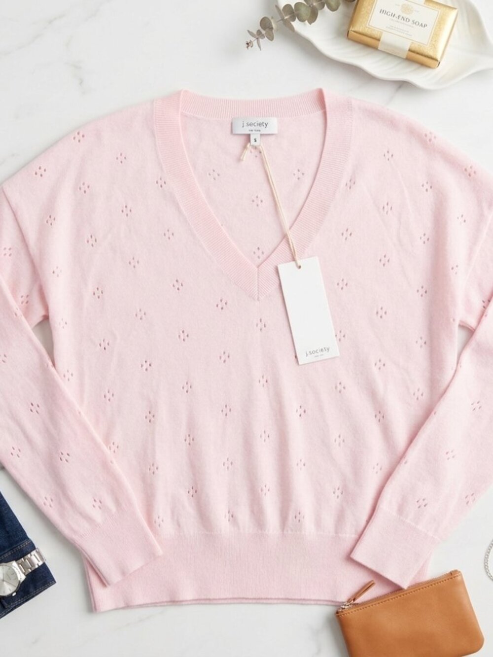 NWT J. Society Pointelle V-Neck Sweater in Petal (Pink) Size Small